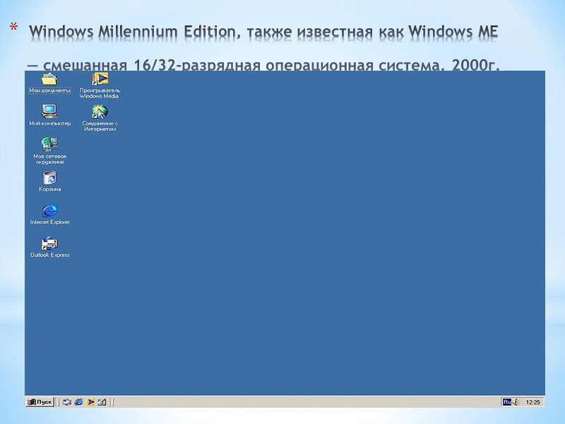 Windows Millennium Edition, также известная как Windows ME — смешанная 16/32-разрядная операционная система. 2000г.